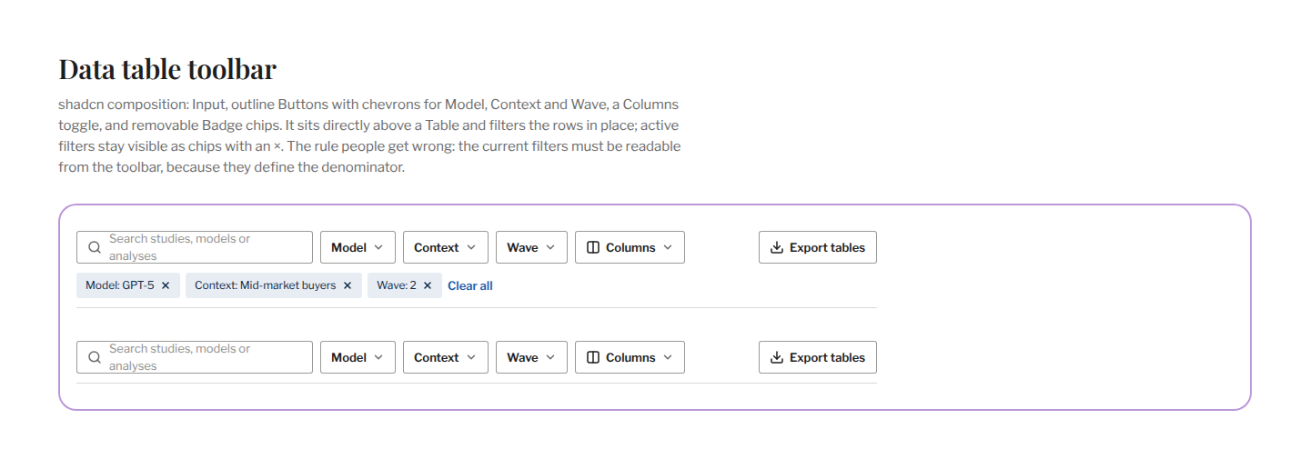 Section / Data table toolbar
