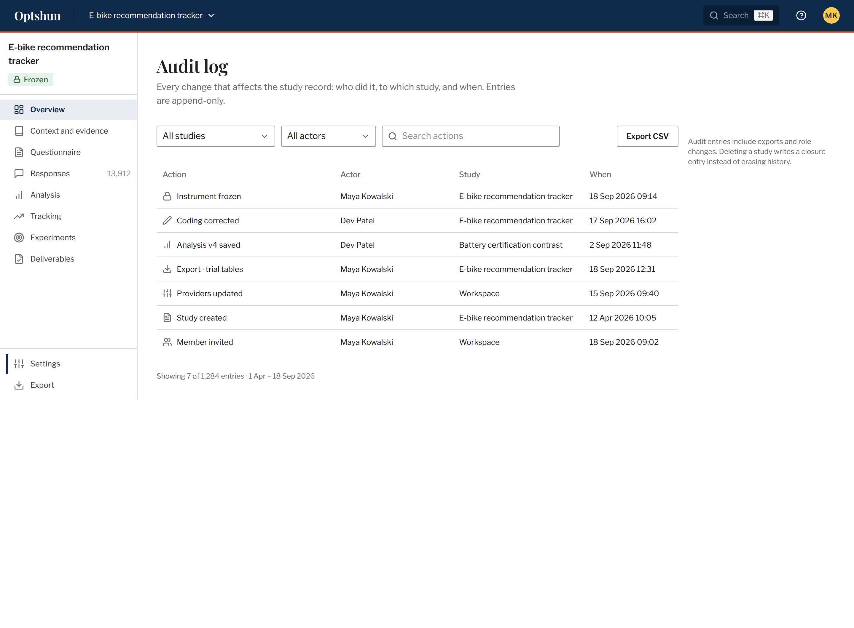 Screen / Audit log